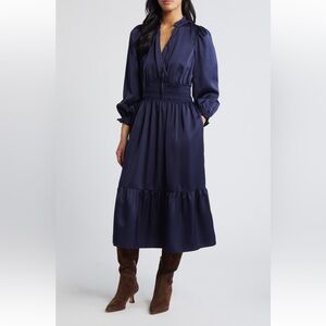 Eliza J Ruffle Trim Long Sleeve Satin Dresss in Navy